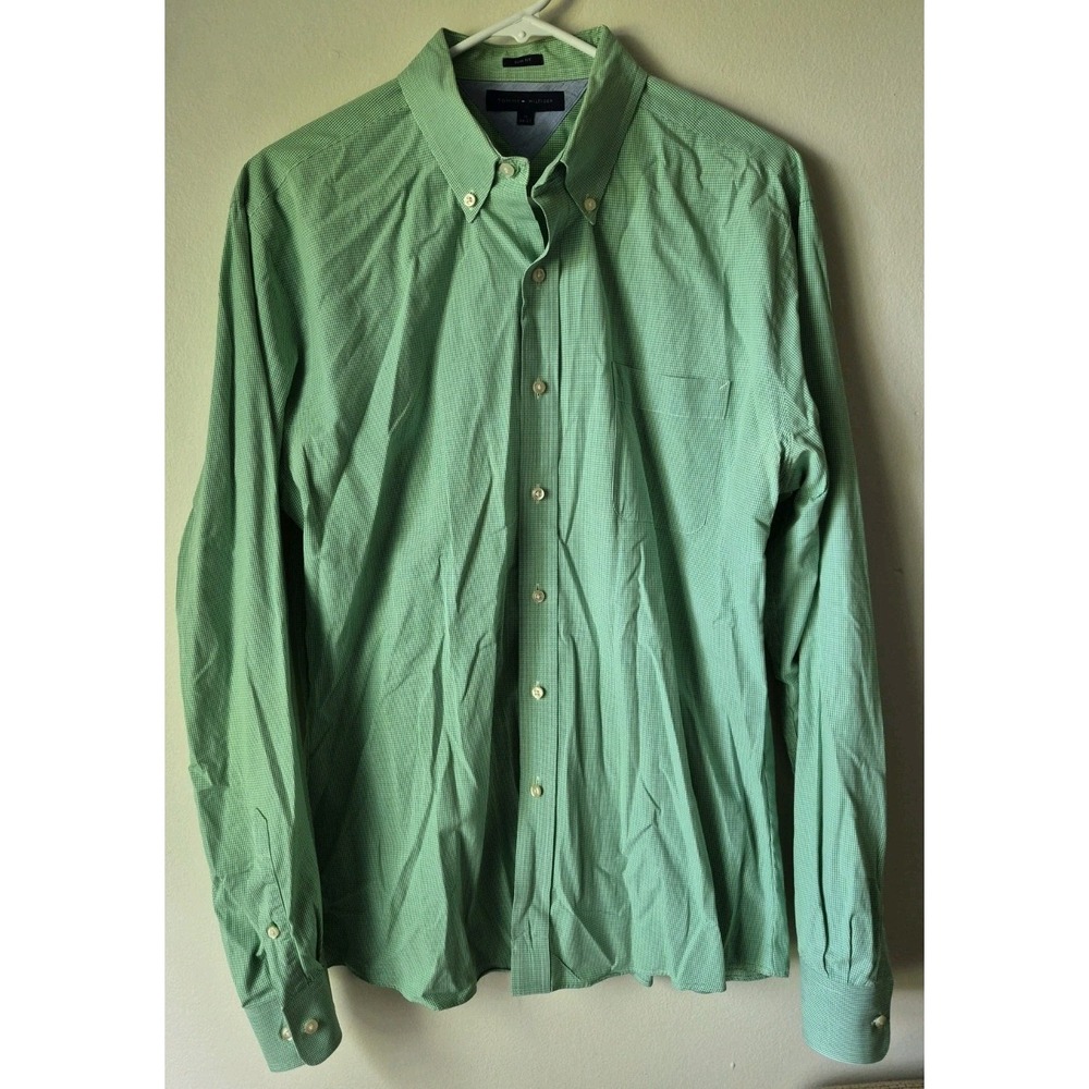 Tommy Hilfiger Men's Slim Fit Green Check Long Sleeve Button-Down Shirt 17 36-37
